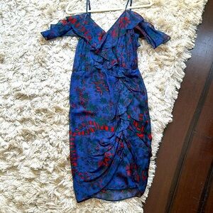 Veronica Beard off the shoulder silk ruffle dress in royal purple print size 4